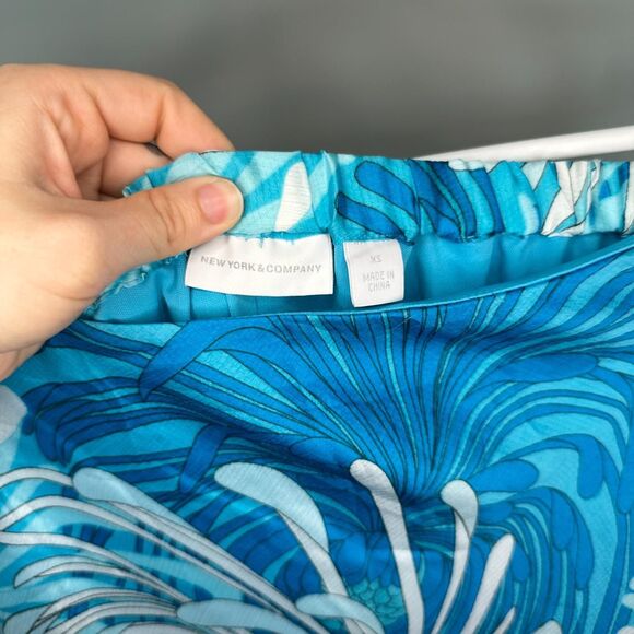 New York & Company Summer Maxi Skirt, Y2K Aqua Floral Patterned Flowy Maxi Skirt - Picture 2 of 7